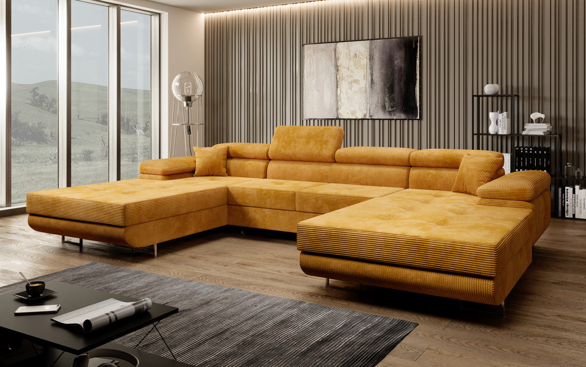 Designer Sofa Calvera U mit Schlaf- und Klappfunktion in Cord