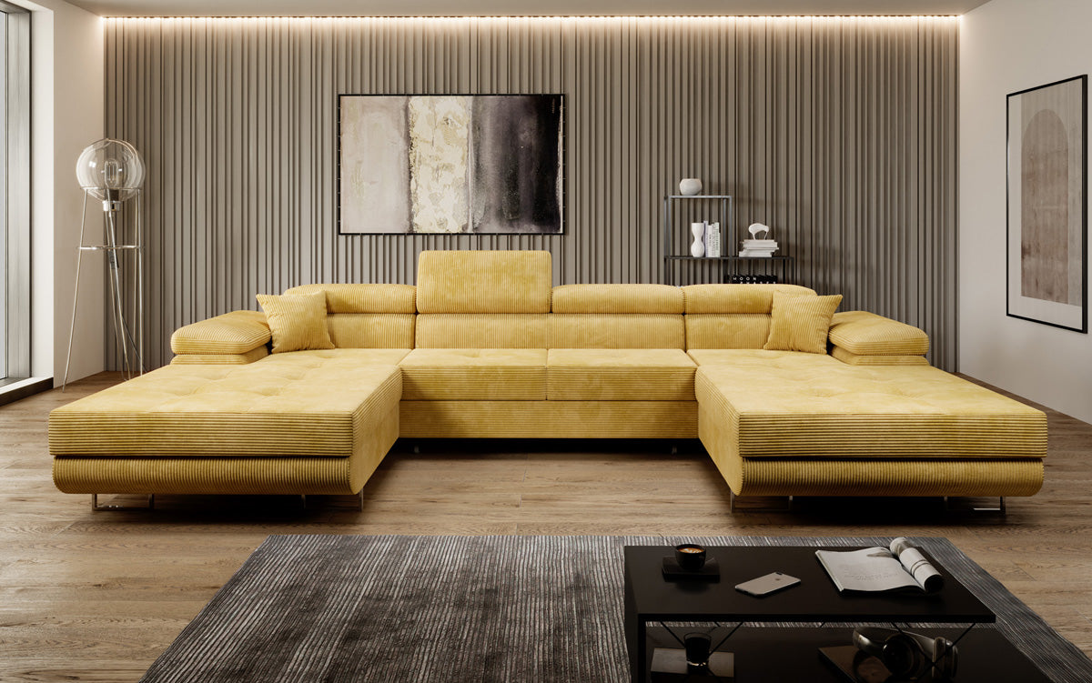 Designer Sofa Calvera U mit Schlaf- und Klappfunktion in Cord