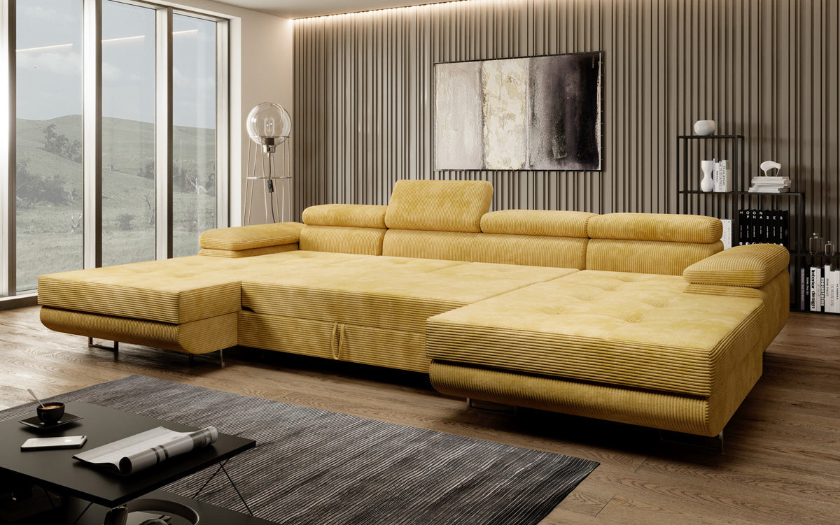 Designer Sofa Calvera U mit Schlaf- und Klappfunktion in Cord