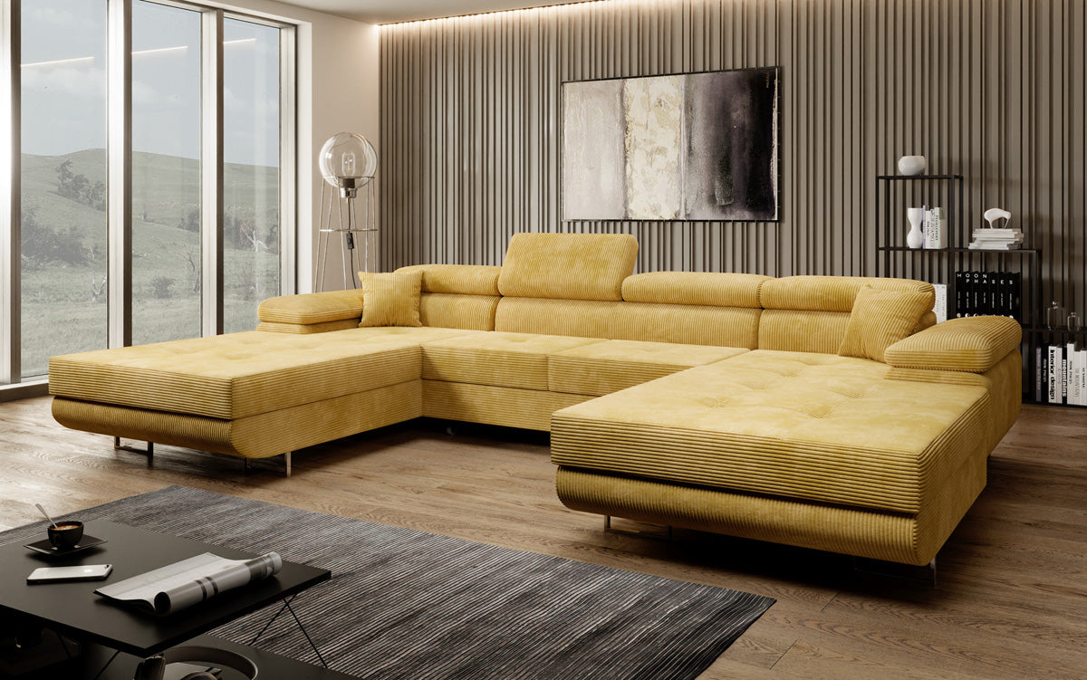 Designer Sofa Calvera U mit Schlaf- und Klappfunktion in Cord