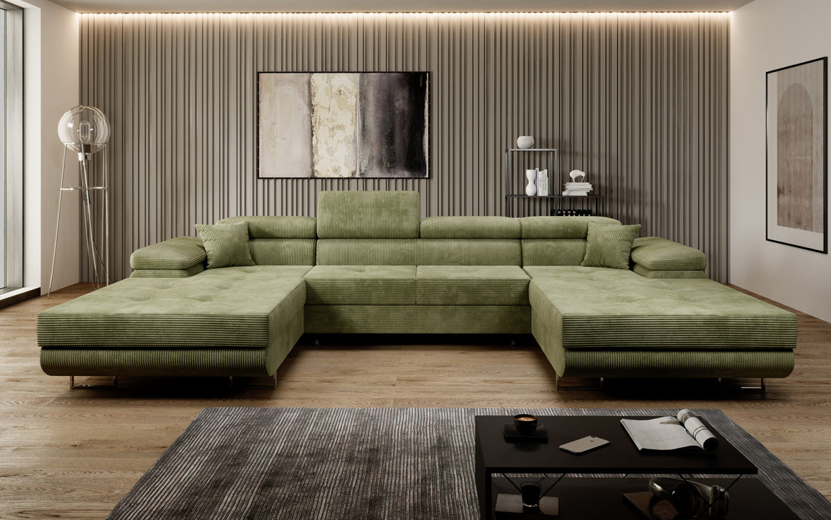 Designer Sofa Calvera U mit Schlaf- und Klappfunktion in Cord