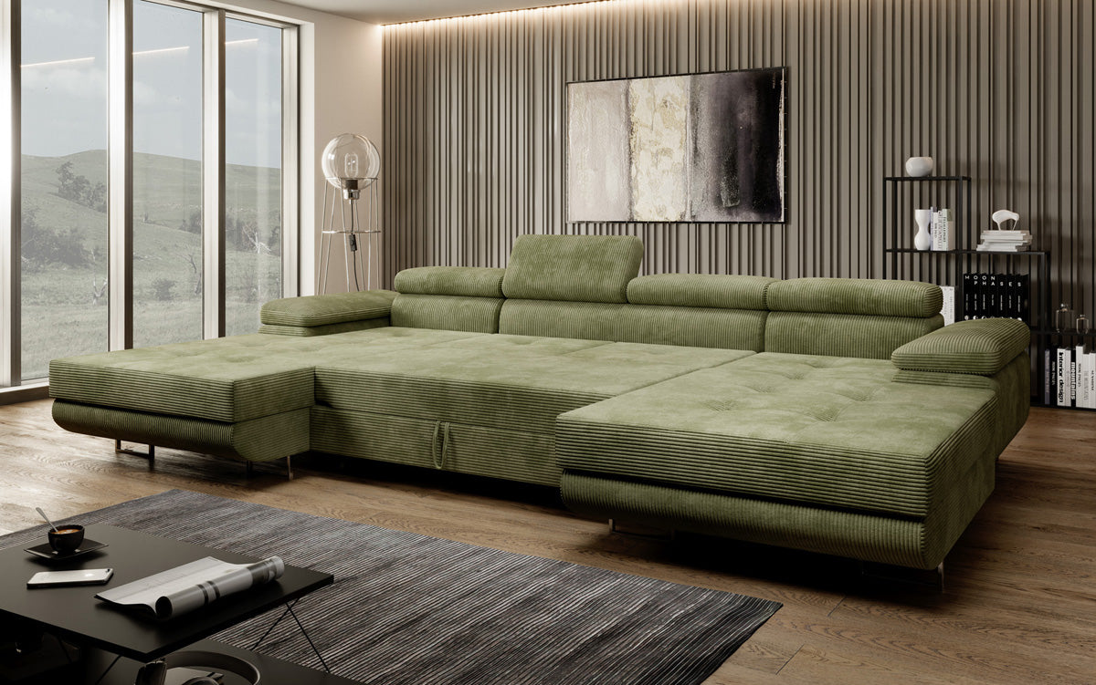 Designer Sofa Calvera U mit Schlaf- und Klappfunktion in Cord