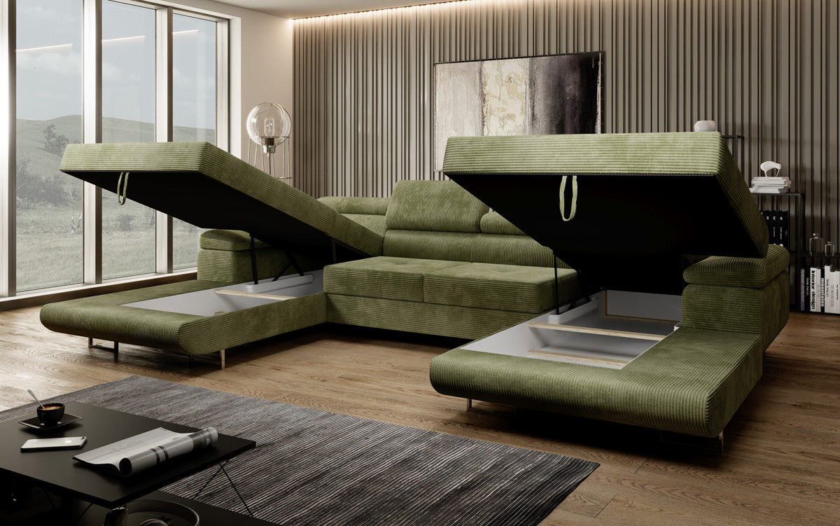 Designer Sofa Calvera U mit Schlaf- und Klappfunktion in Cord