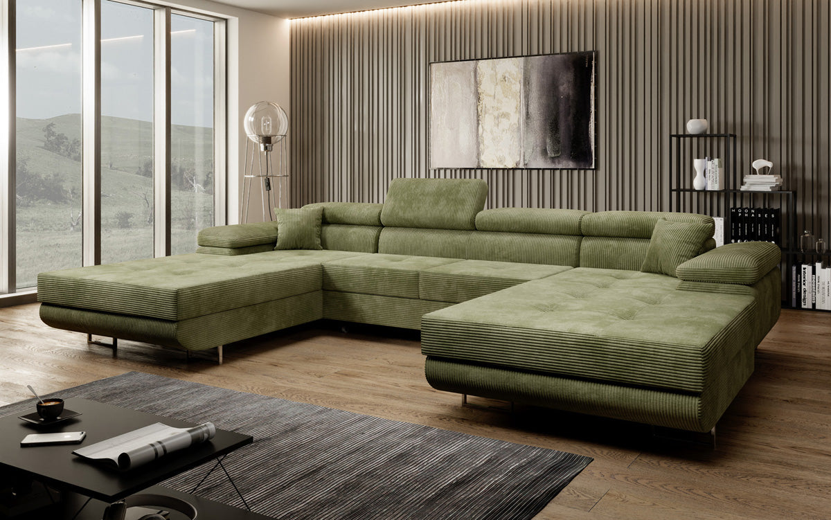 Designer Sofa Calvera U mit Schlaf- und Klappfunktion in Cord