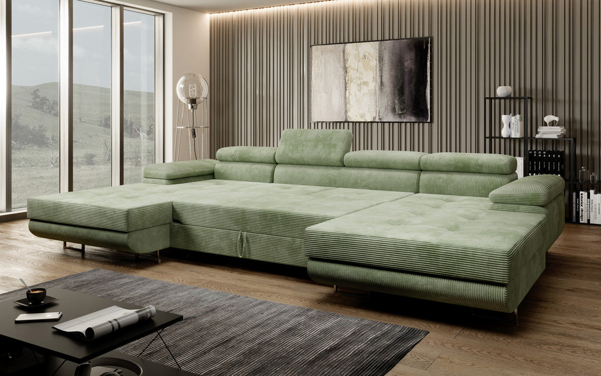 Designer Sofa Calvera U mit Schlaf- und Klappfunktion in Cord