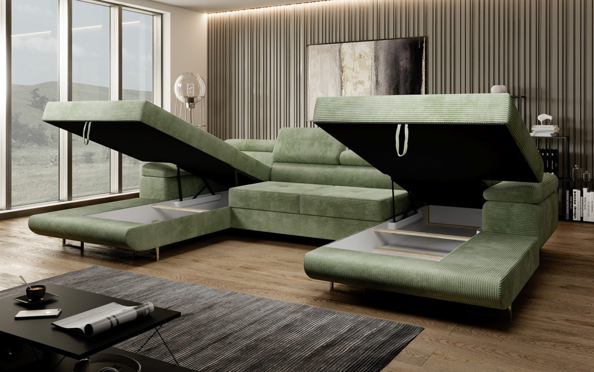 Designer Sofa Calvera U mit Schlaf- und Klappfunktion in Cord