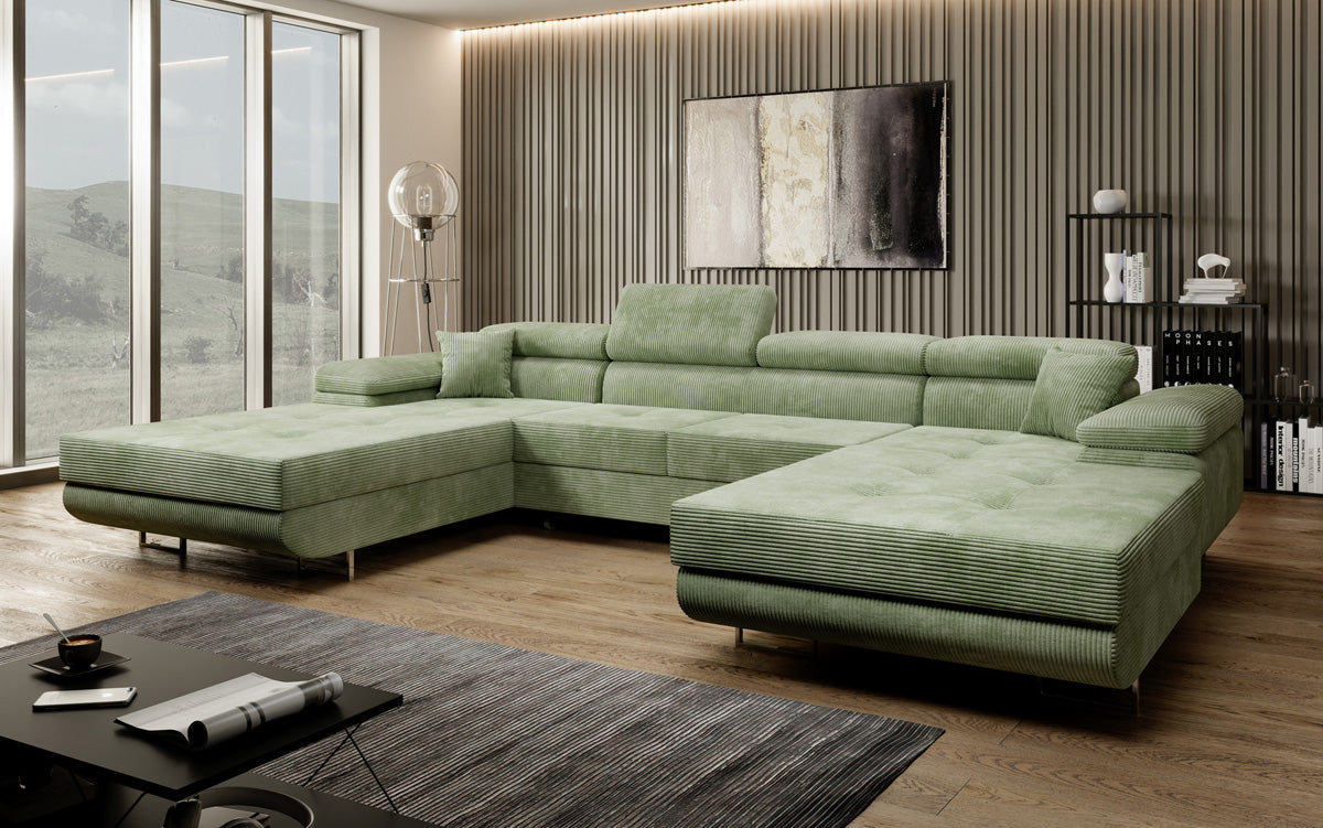 Designer Sofa Calvera U mit Schlaf- und Klappfunktion in Cord