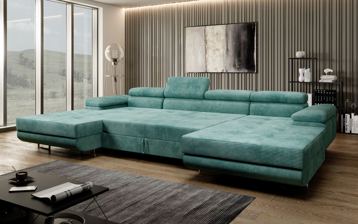 Designer Sofa Calvera U mit Schlaf- und Klappfunktion in Cord
