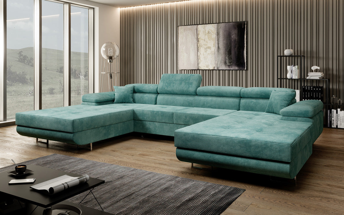 Designer Sofa Calvera U mit Schlaf- und Klappfunktion in Cord