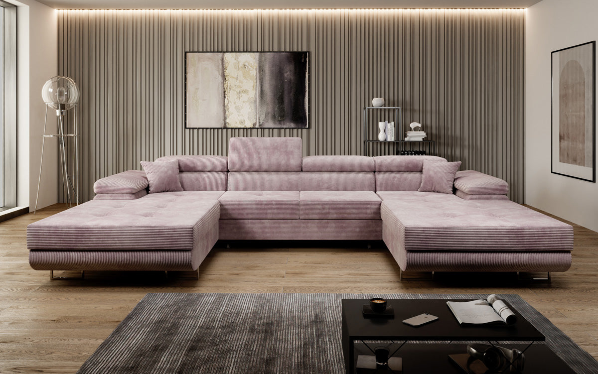 Designer Sofa Calvera U mit Schlaf- und Klappfunktion in Cord