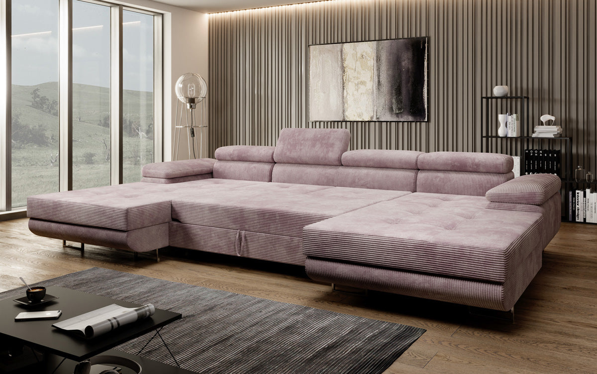 Designer Sofa Calvera U mit Schlaf- und Klappfunktion in Cord