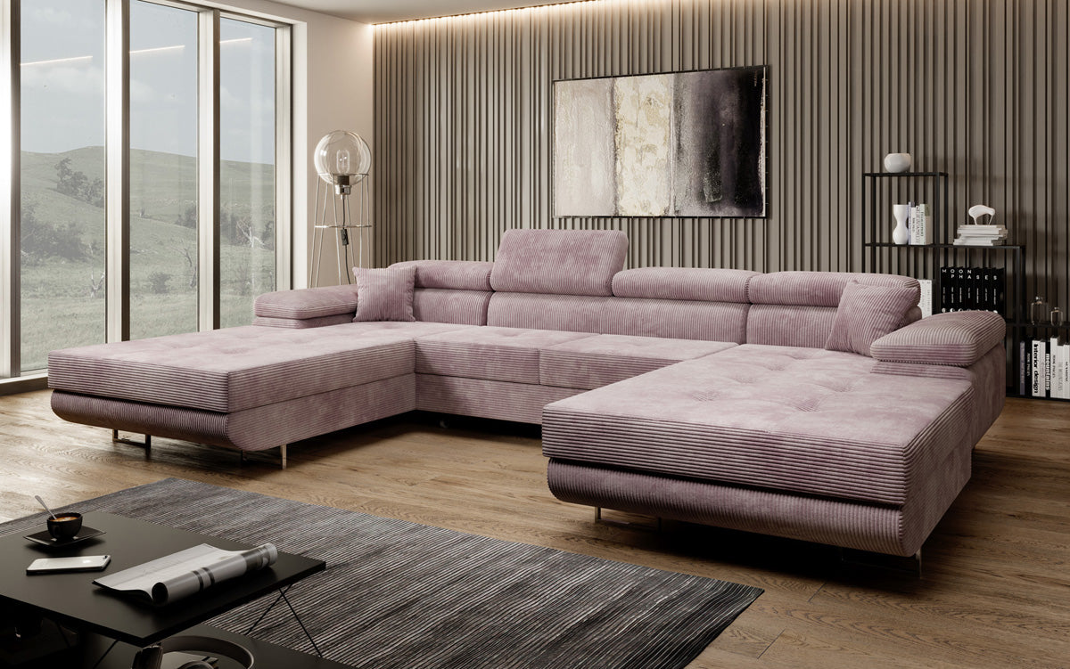 Designer Sofa Calvera U mit Schlaf- und Klappfunktion in Cord