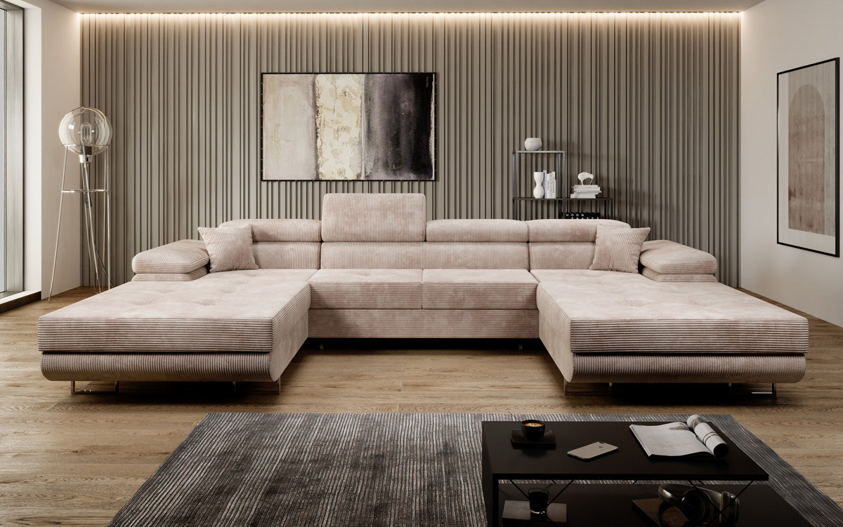 Designer Sofa Calvera U mit Schlaf- und Klappfunktion in Cord