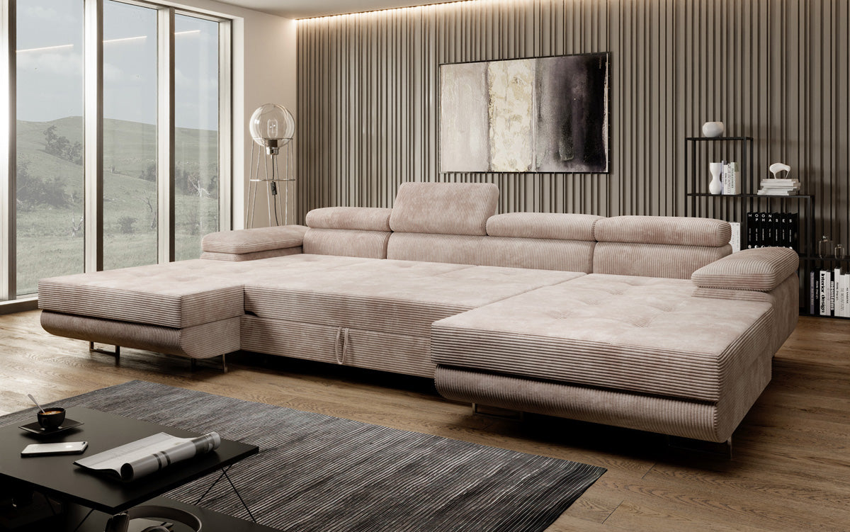 Designer Sofa Calvera U mit Schlaf- und Klappfunktion in Cord