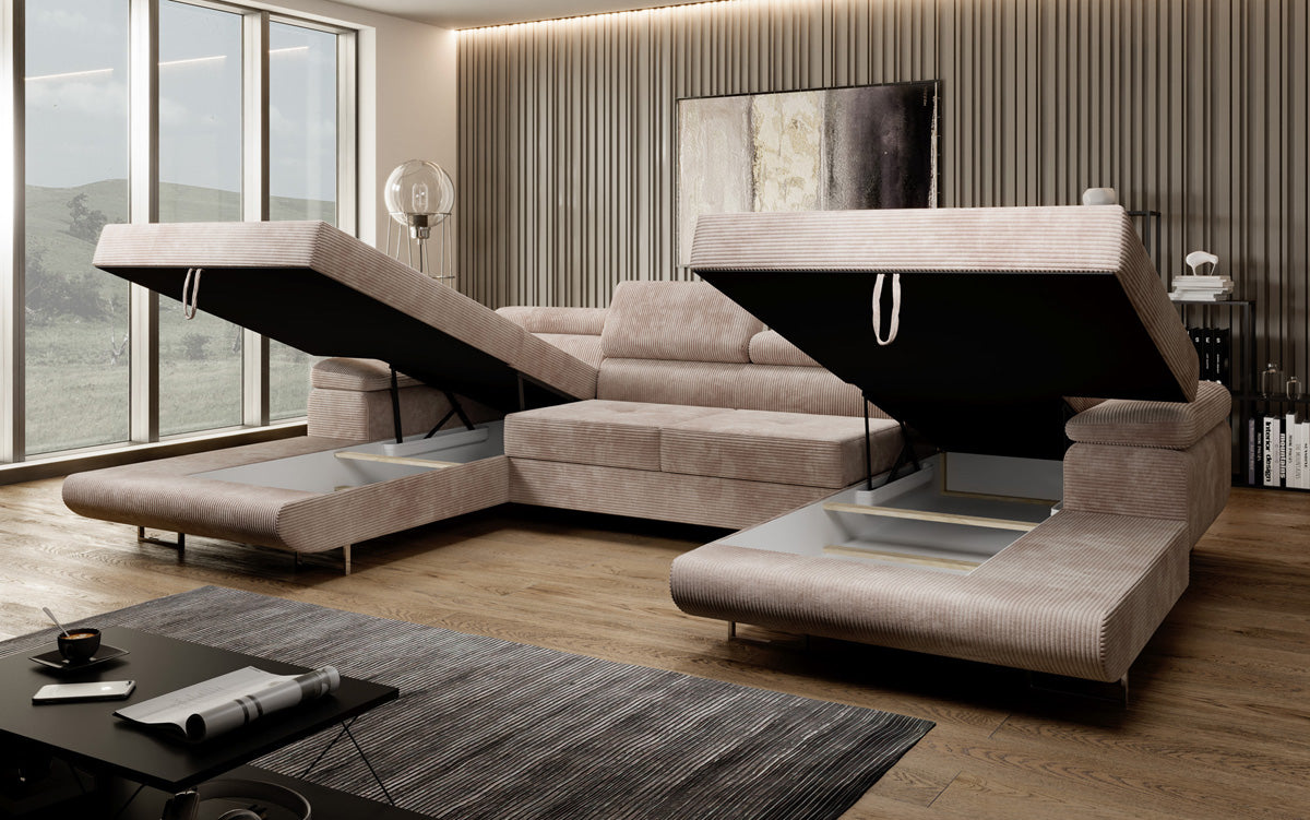 Designer Sofa Calvera U mit Schlaf- und Klappfunktion in Cord
