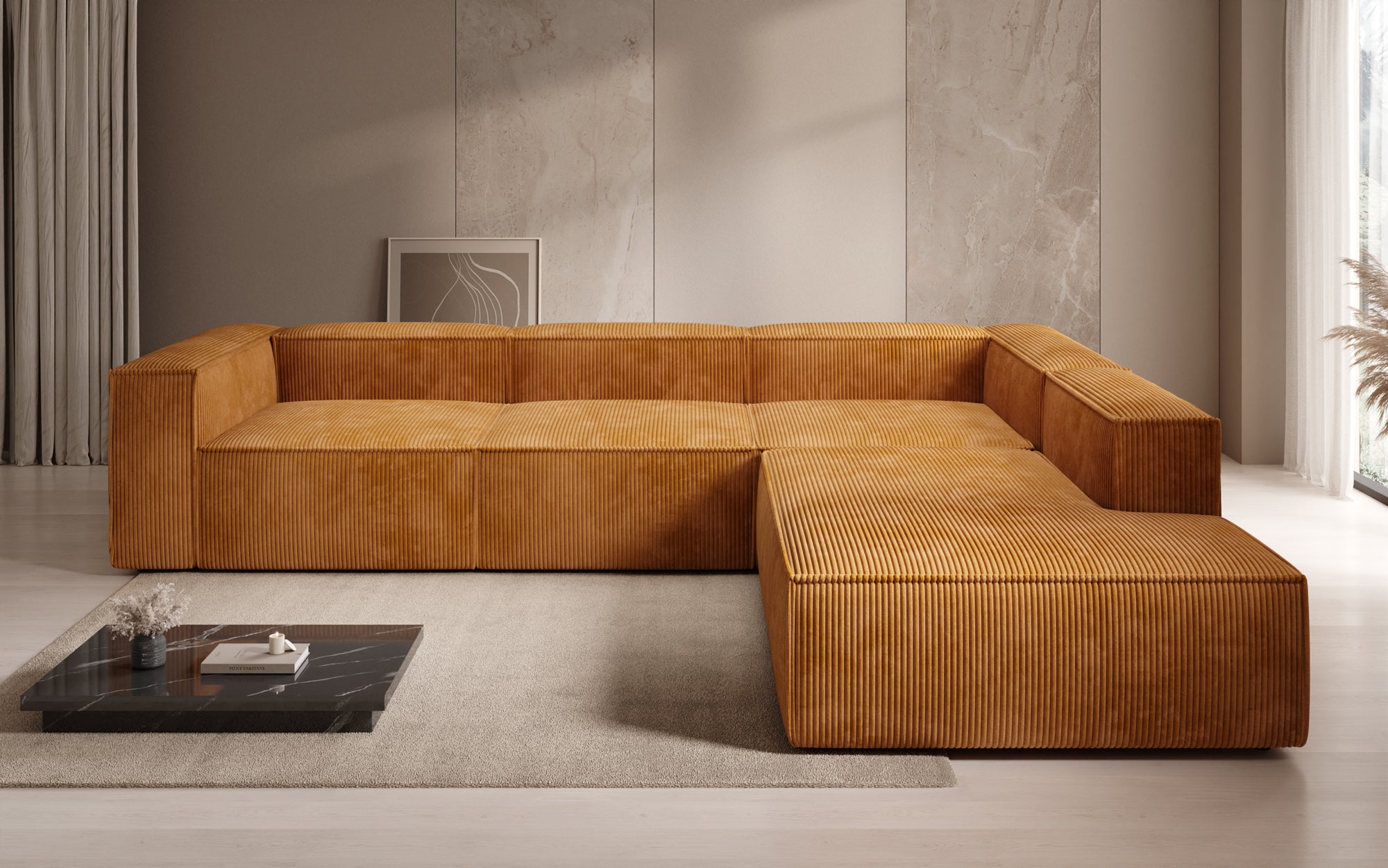 Designer Sofa Lesley L mit langer Ottomane in Cord