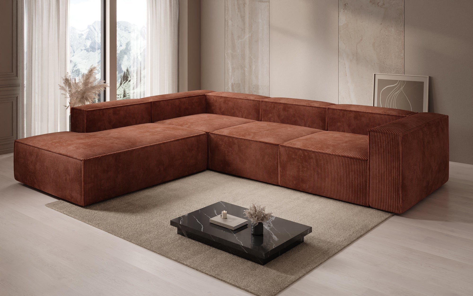Designer Sofa Lesley L mit langer Ottomane in Cord