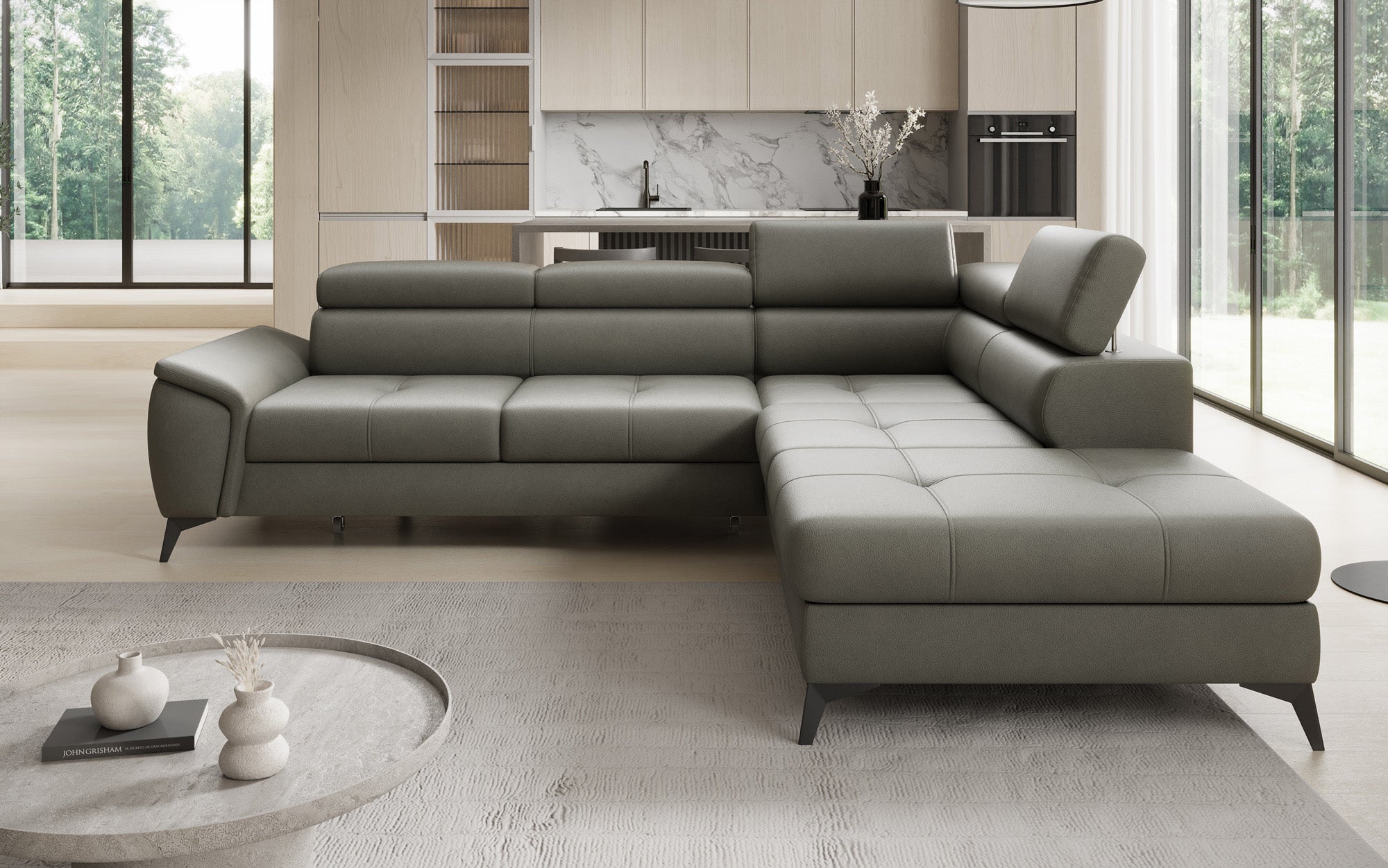 Designer L Sofa Aveline mit Schlaffunktion und Stauraum in Echtleder