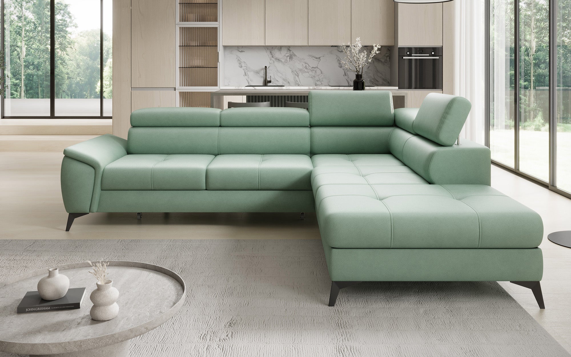 Designer L Sofa Aveline mit Schlaffunktion und Stauraum in Echtleder