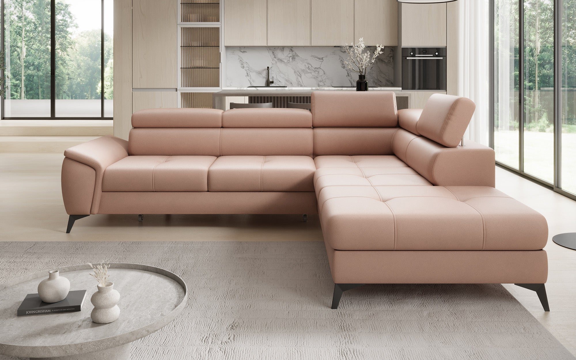 Designer L Sofa Aveline mit Schlaffunktion und Stauraum in Echtleder