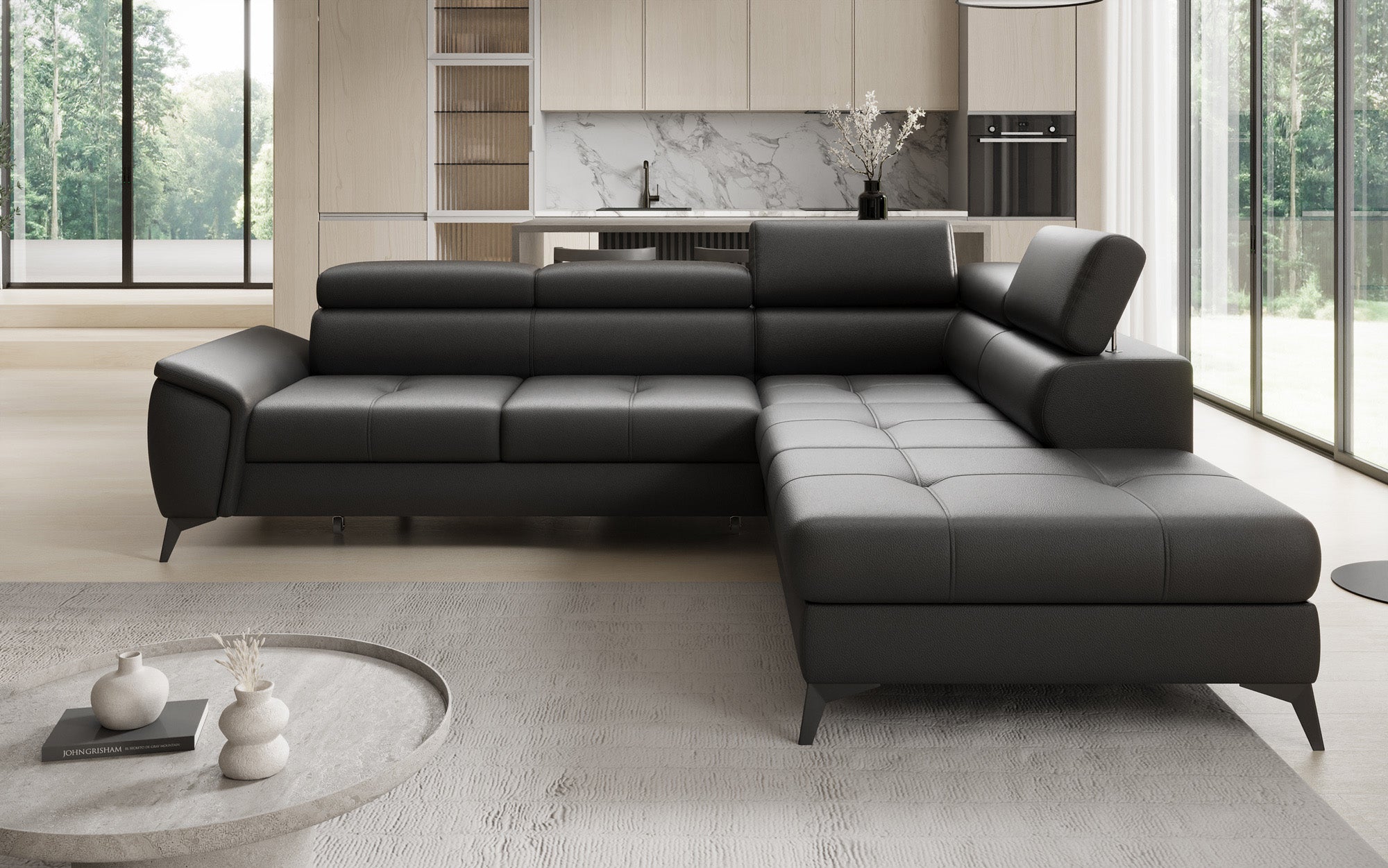 Designer L Sofa Aveline mit Schlaffunktion und Stauraum in Echtleder
