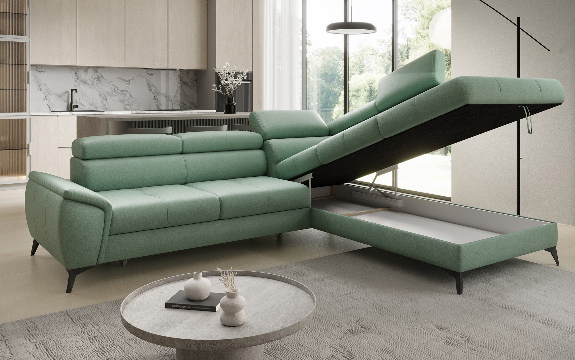 Designer L Sofa Aveline mit Schlaffunktion und Stauraum in Echtleder