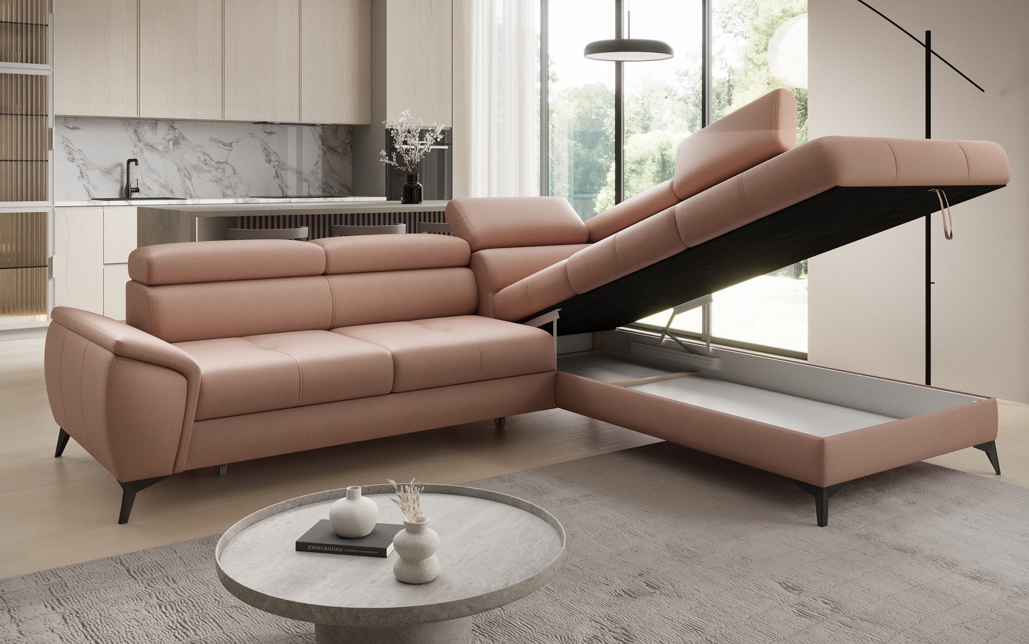 Designer L Sofa Aveline mit Schlaffunktion und Stauraum in Echtleder