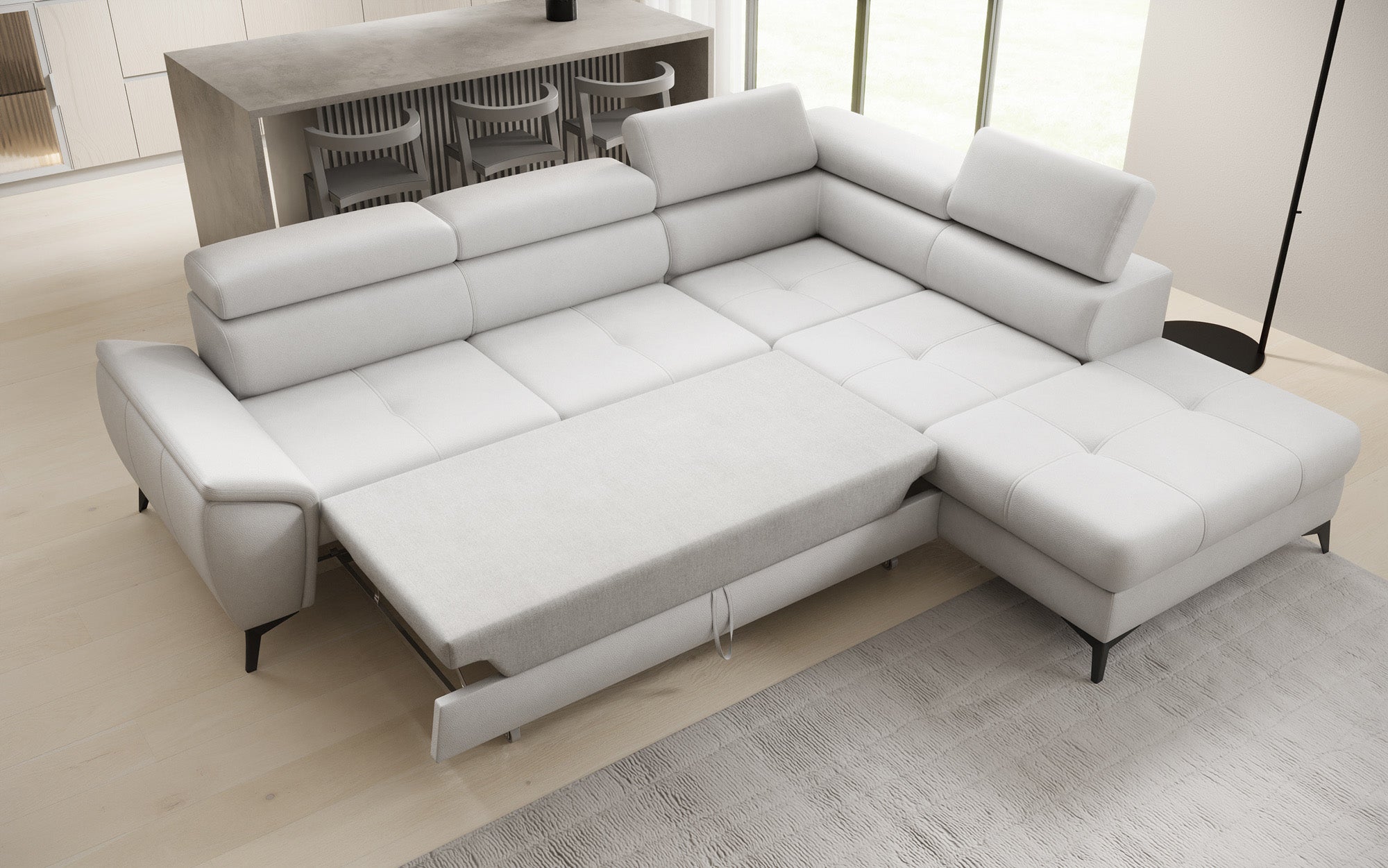 Designer L Sofa Aveline mit Schlaffunktion und Stauraum in Echtleder
