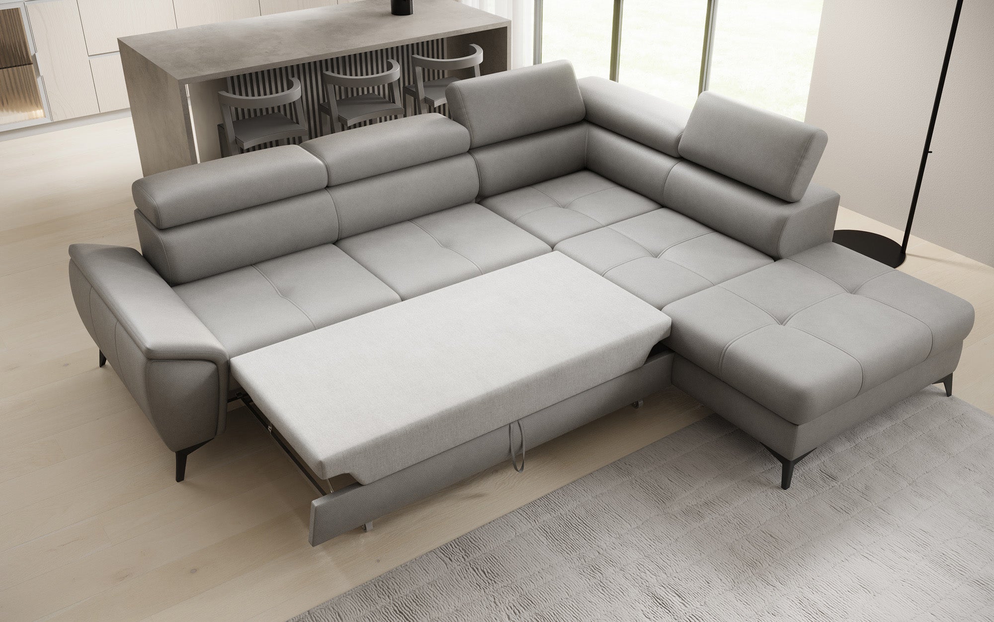 Designer L Sofa Aveline mit Schlaffunktion und Stauraum in Echtleder