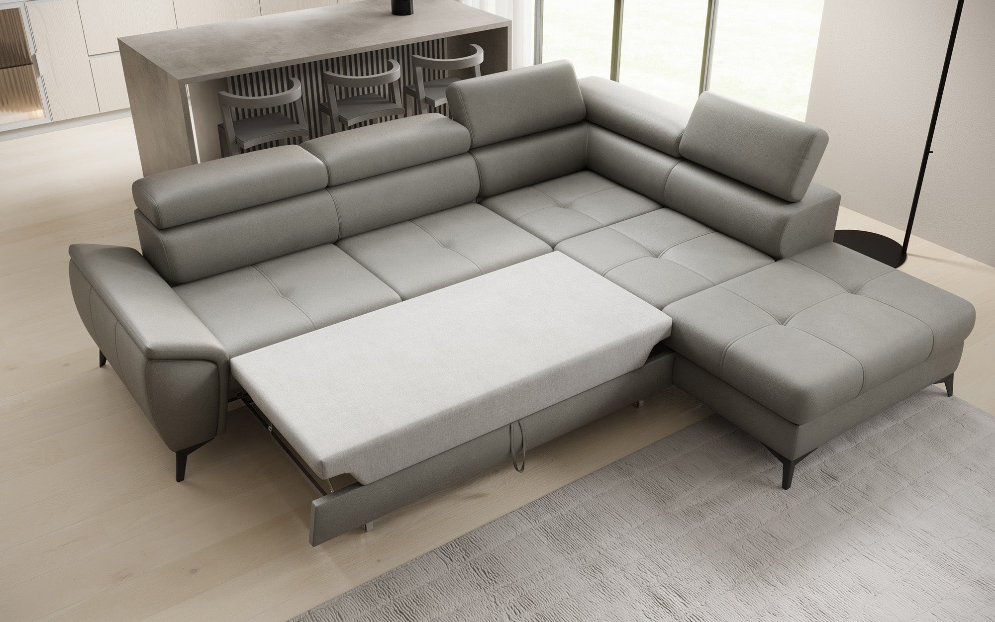 Designer L Sofa Aveline mit Schlaffunktion und Stauraum in Echtleder