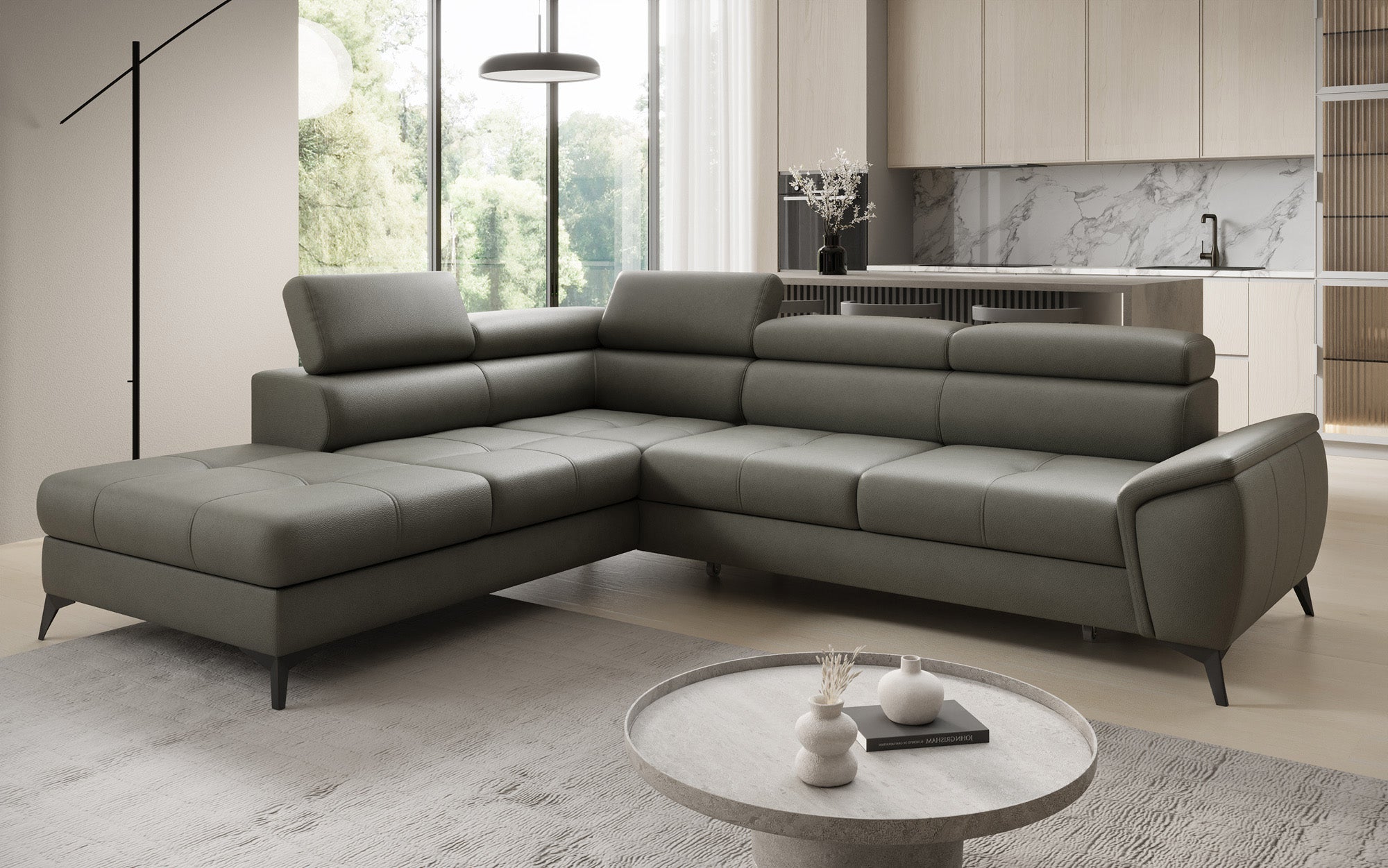 Designer L Sofa Aveline mit Schlaffunktion und Stauraum in Echtleder