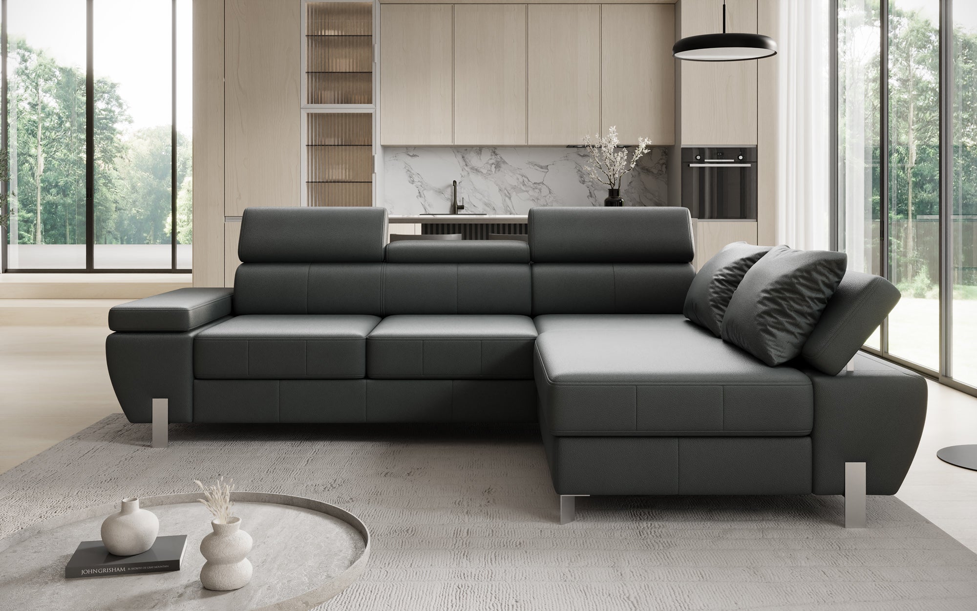 Designer L Sofa Calista mit Schlaffunktion und Stauraum in Echtleder
