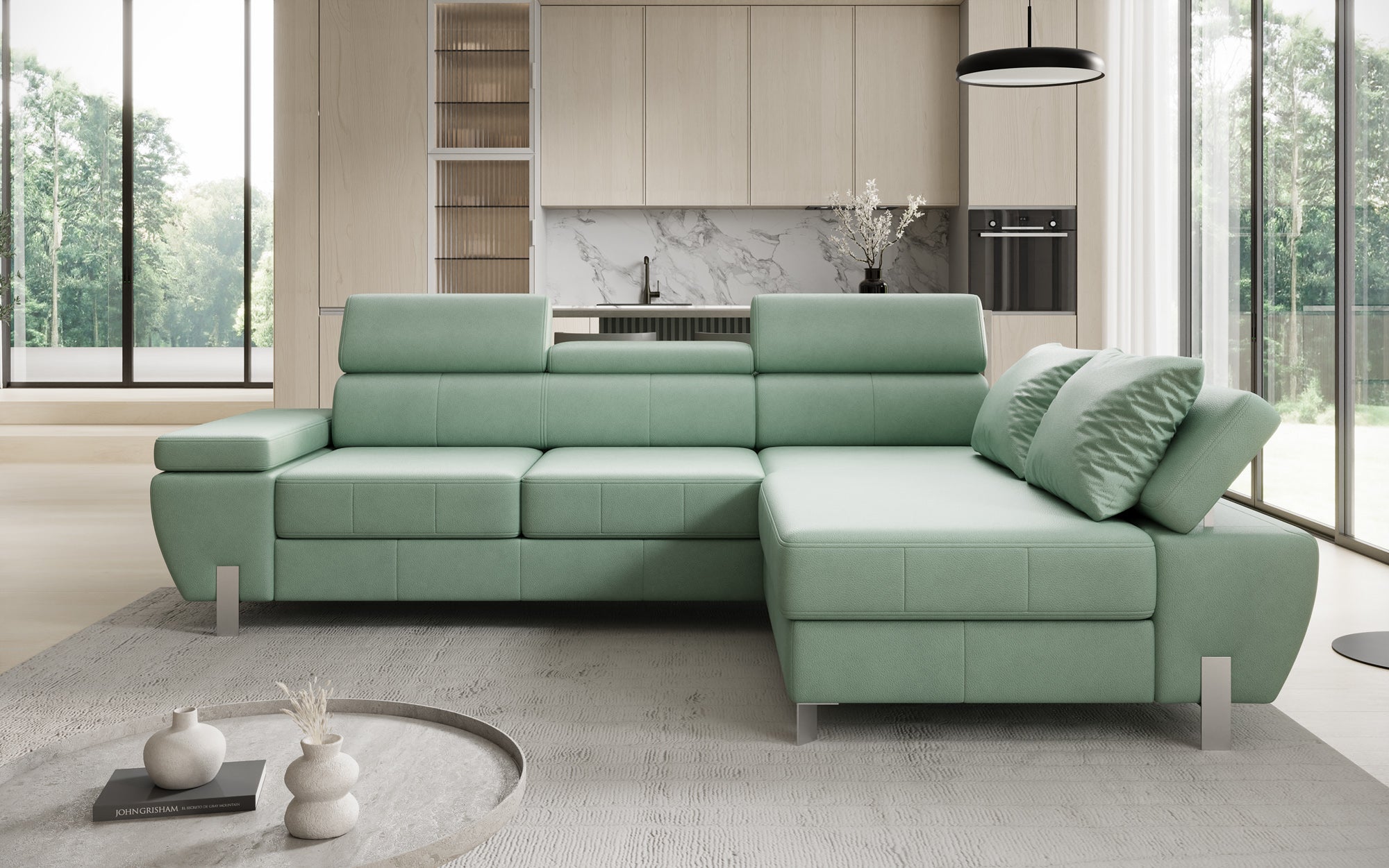 Designer L Sofa Calista mit Schlaffunktion und Stauraum in Echtleder
