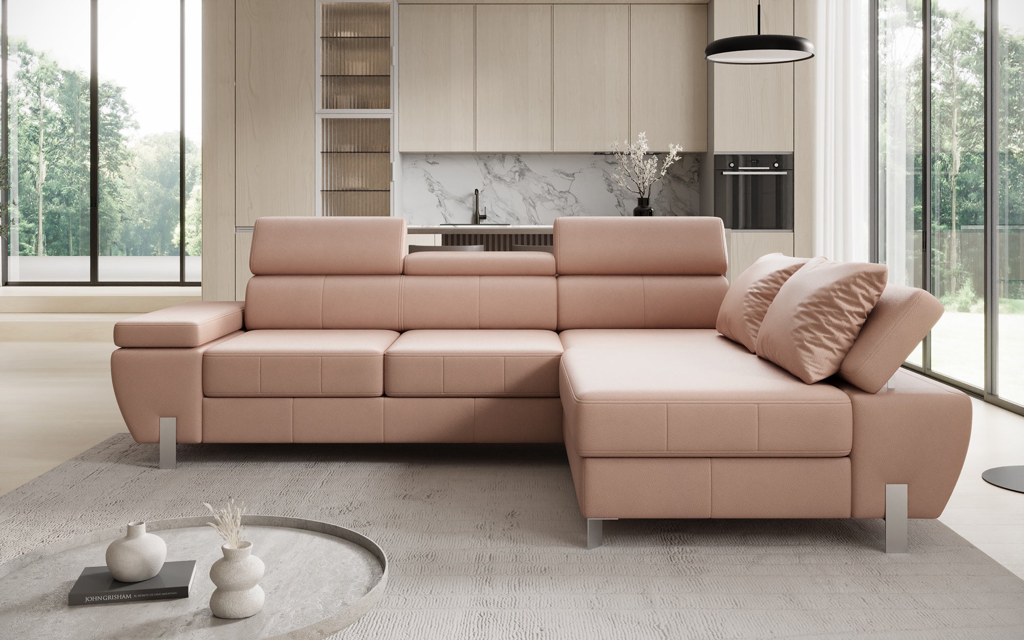 Designer L Sofa Calista mit Schlaffunktion und Stauraum in Echtleder