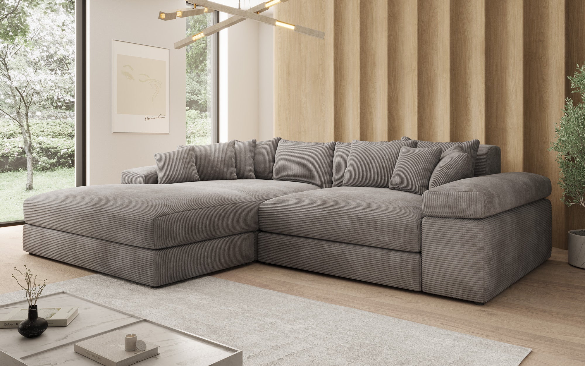 Designer Ecksofa Bernardo mit breiter Ottomane in Cord