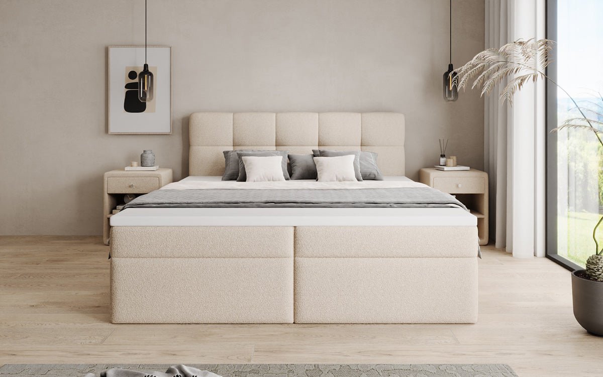 Boxspringbett Cozy II in Teddy Bouclé mit Stauraum