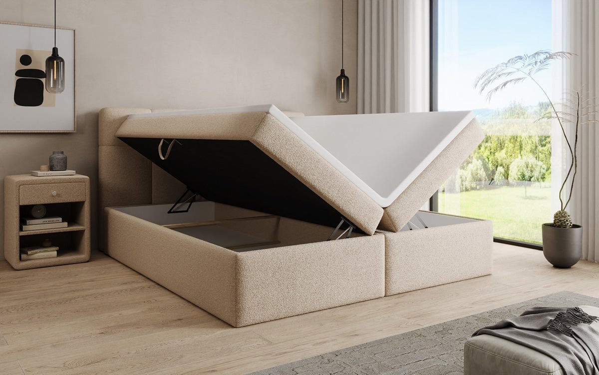 Boxspringbett Cozy II in Teddy Bouclé mit Stauraum
