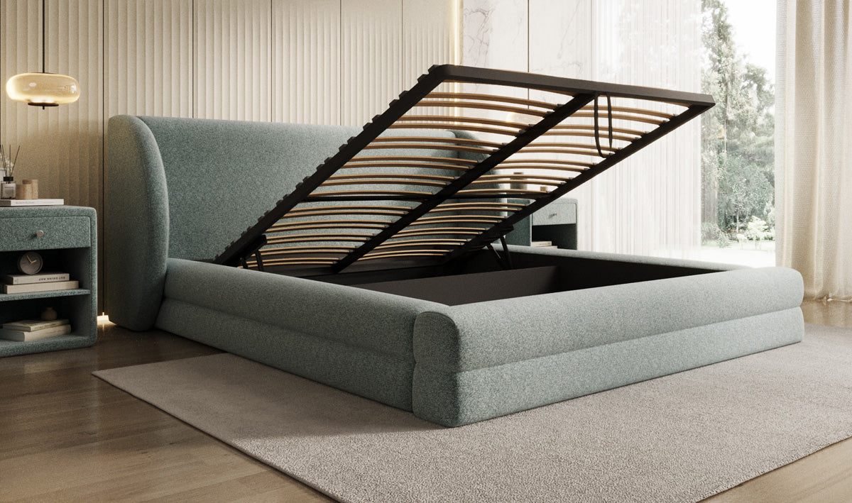 Designer Polsterbett Liv in Strukturstoff mit Stauraum
