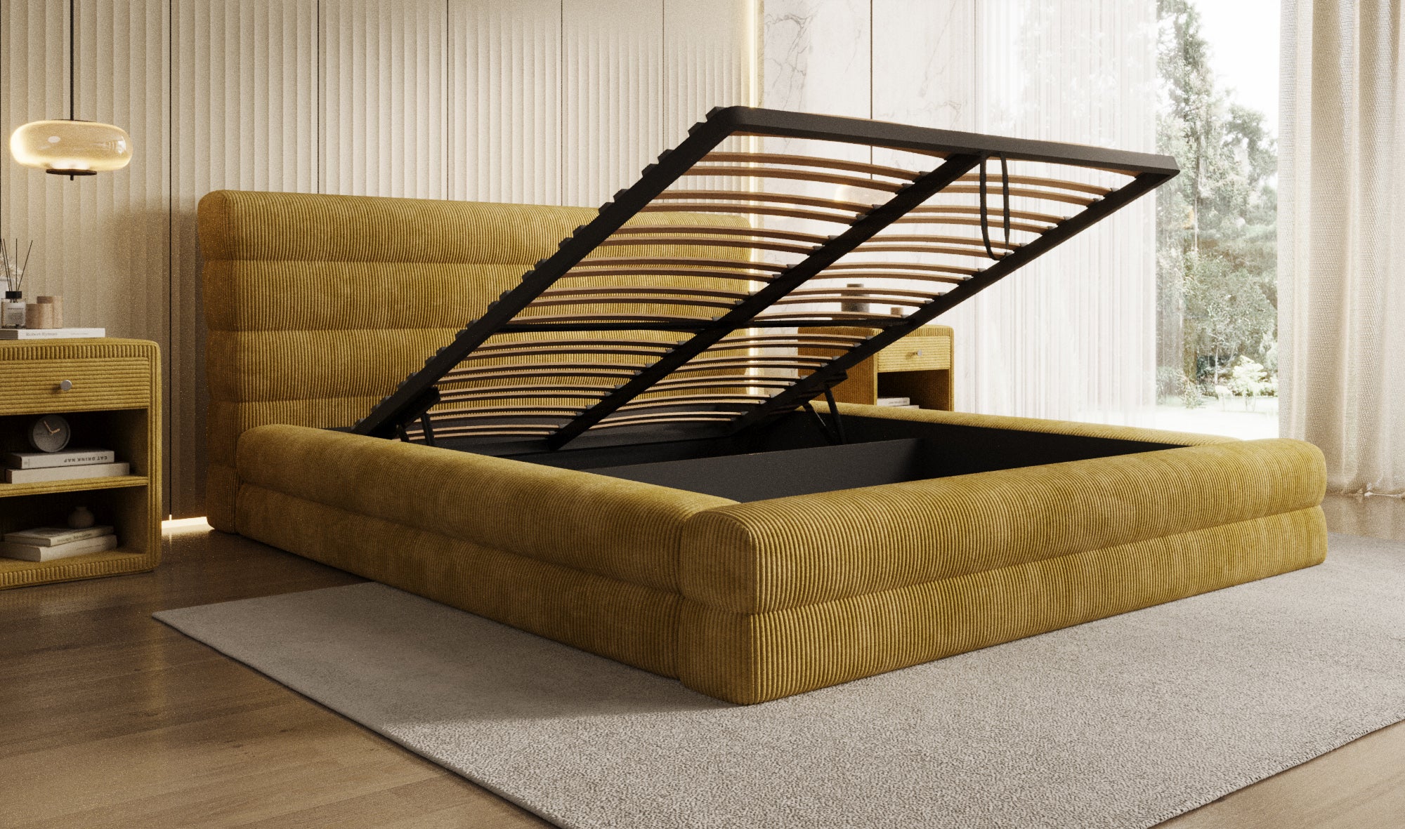 Designer Polsterbett Maren Cord mit Stauraum