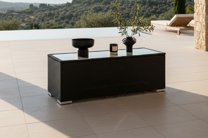 Garten Couchtisch Lena - Aus Rattan und Glas in Schwarz