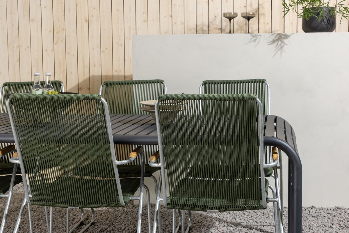 Garten Essgruppe Bloom – 7-teiliges Gartenmöbel-Set mit grünen, stapelbaren Stühlen