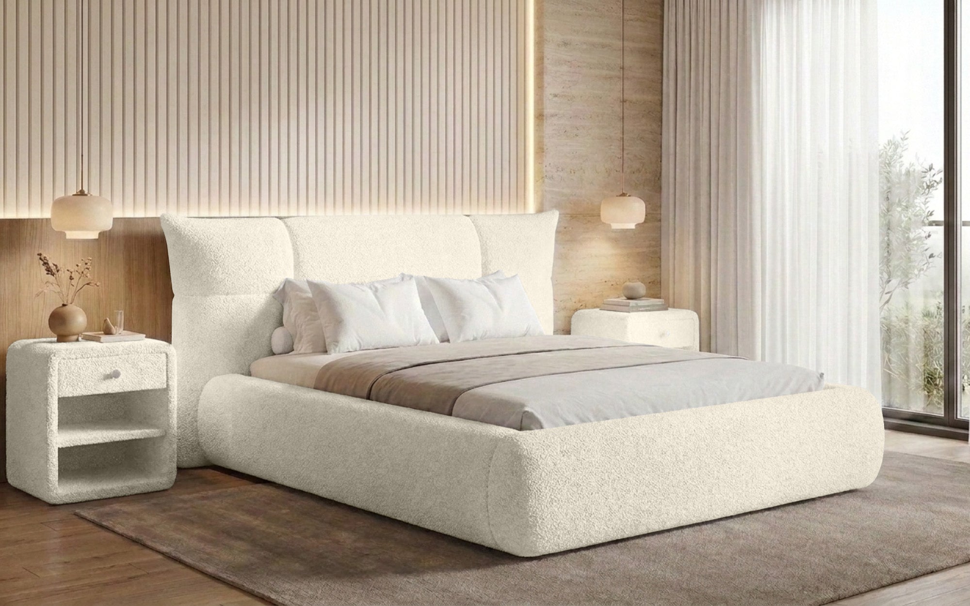 Designer Polsterbett Gioia in Teddy Bouclé mit Stauraum