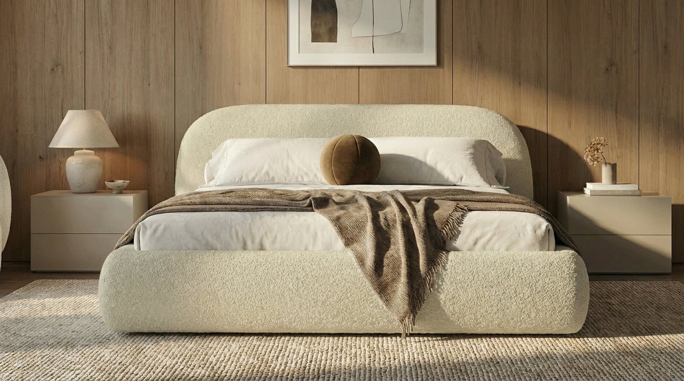 Designer Polsterbett Luma in Bouclé mit Stauraum