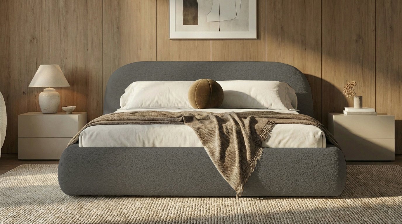 Designer Polsterbett Luma in Bouclé mit Stauraum