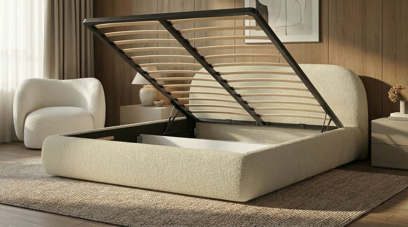 Designer Polsterbett Luma in Bouclé mit Stauraum