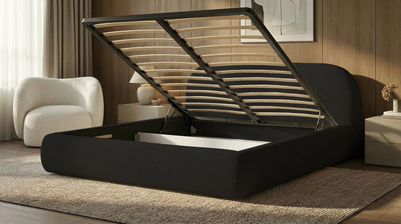 Designer Polsterbett Luma in Bouclé mit Stauraum