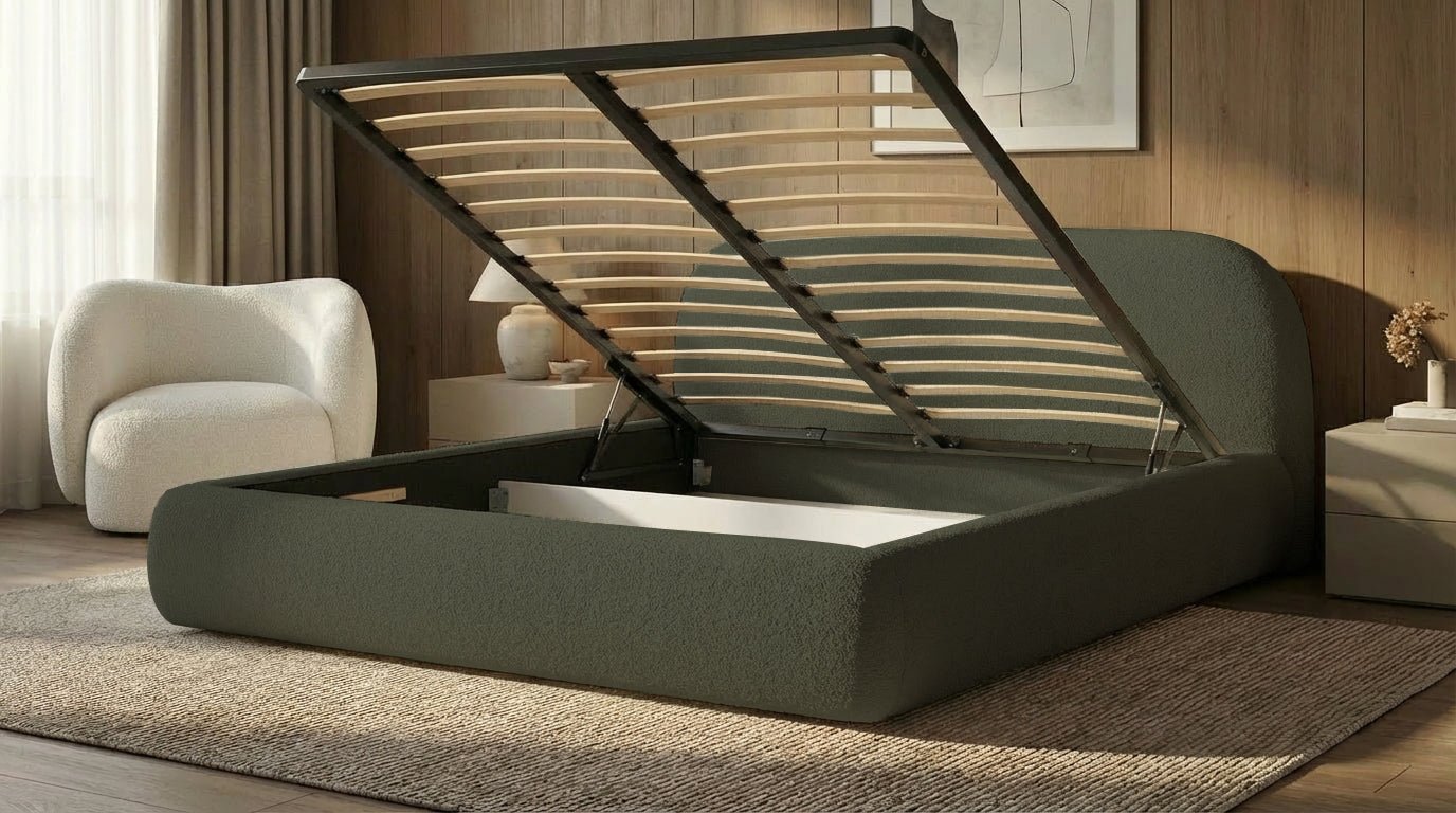 Designer Polsterbett Luma in Bouclé mit Stauraum