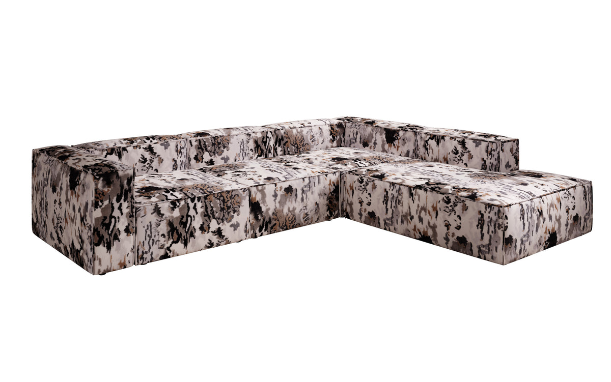 Designer Ecksofa Lesley mit langer Ottomane - Jacquard mit Aquarell-Muster