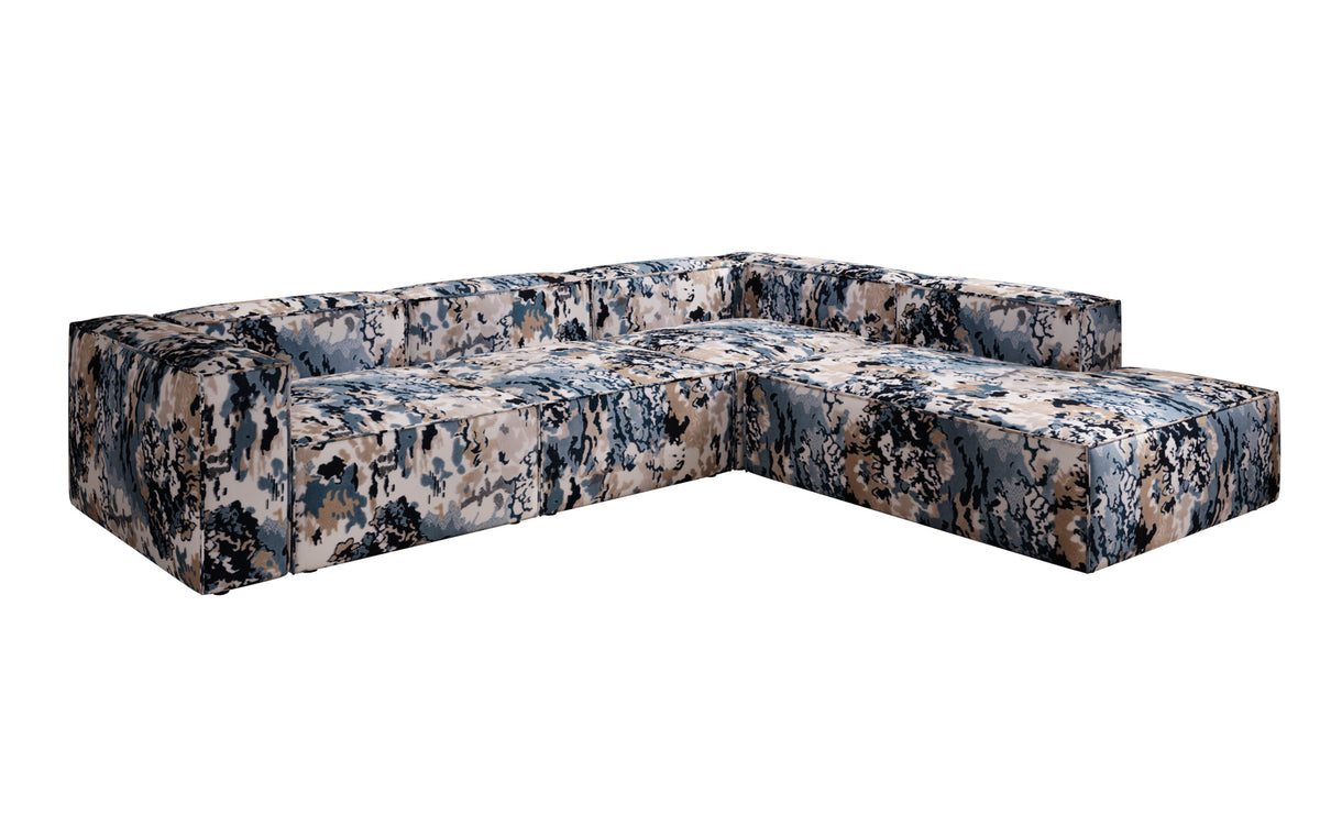 Designer Ecksofa Lesley mit langer Ottomane - Jacquard mit Aquarell-Muster