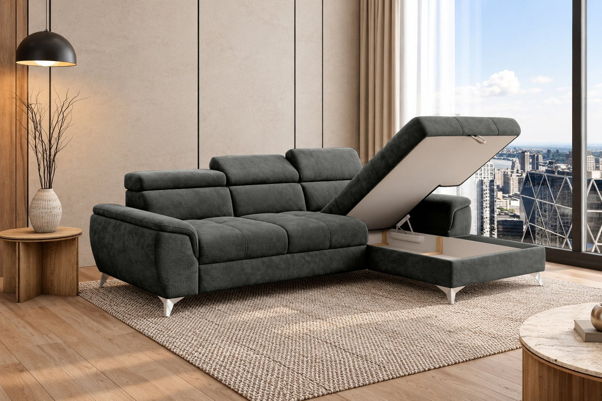 Ecksofa Luno in Strukturstoff Anthrazit – geöffneter Stauraum